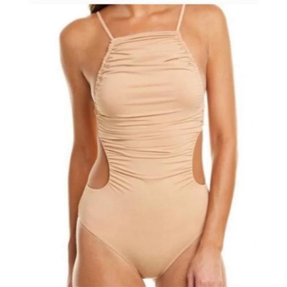 NWOT What We Wore M Liv Ruched Peach Swimsuit 1Pc 97134